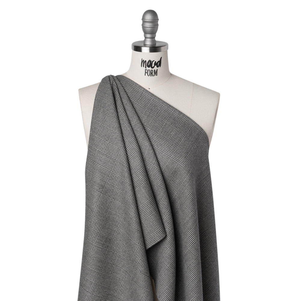 Brushed Virgin Merino Wool Twill - Black and White Glen Plaid - Drape