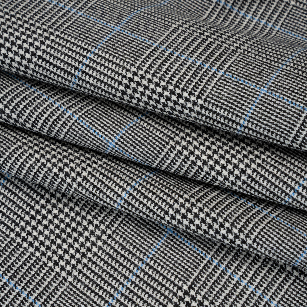 Brushed Virgin Merino Wool Twill - Black, White and Sky Blue Glen Plaid - Folded