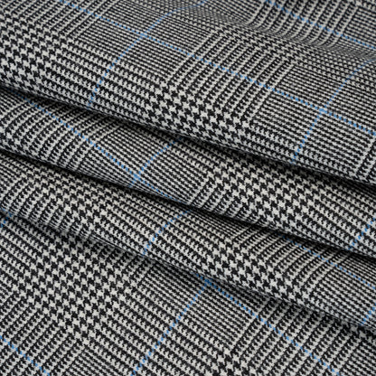 Brushed Virgin Merino Wool Twill - Black, White and Sky Blue Glen Plaid