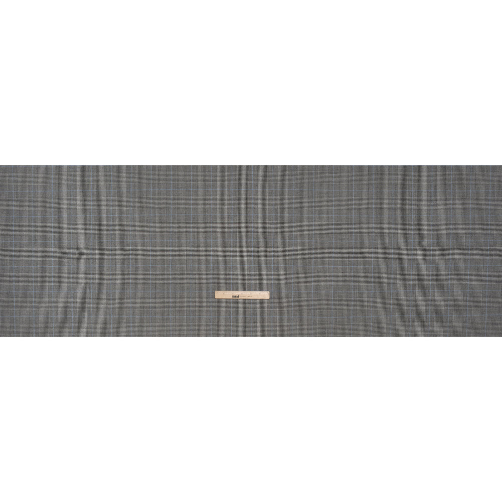 Brushed Virgin Merino Wool Twill - Black, White and Sky Blue Glen Plaid - Full