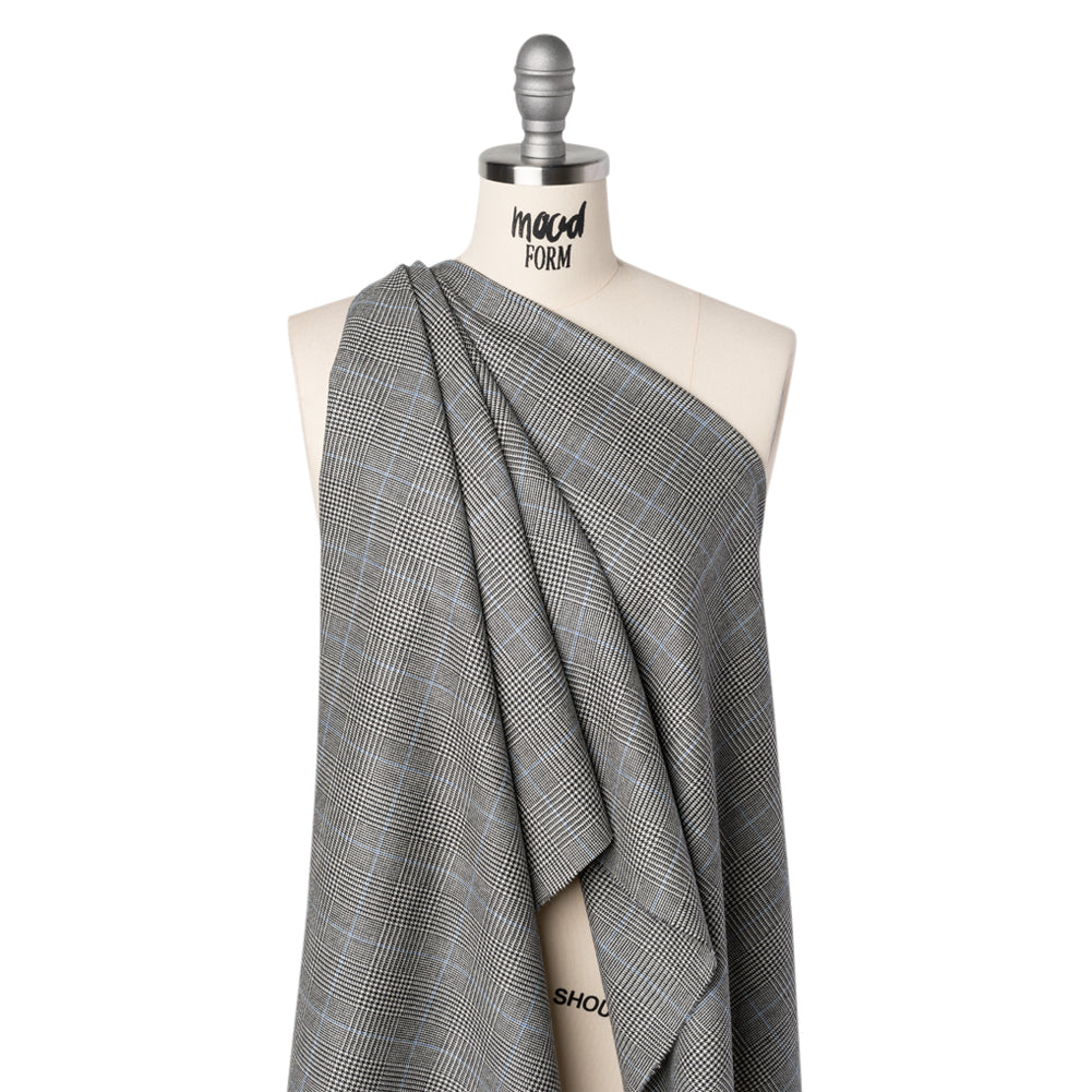 Brushed Virgin Merino Wool Twill - Black, White and Sky Blue Glen Plaid - Drape