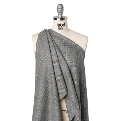 Brushed Virgin Merino Wool Twill - Black, White and Sky Blue Glen Plaid