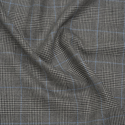 Brushed Virgin Merino Wool Twill - Black, White and Sky Blue Glen Plaid