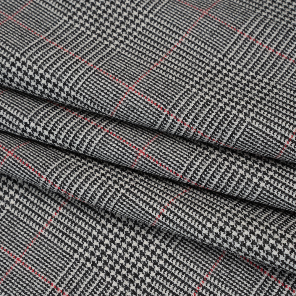 Brushed Virgin Merino Wool Twill - Black, White and Red Glen Plaid - Folded