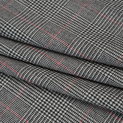 Brushed Virgin Merino Wool Twill - Black, White and Red Glen Plaid