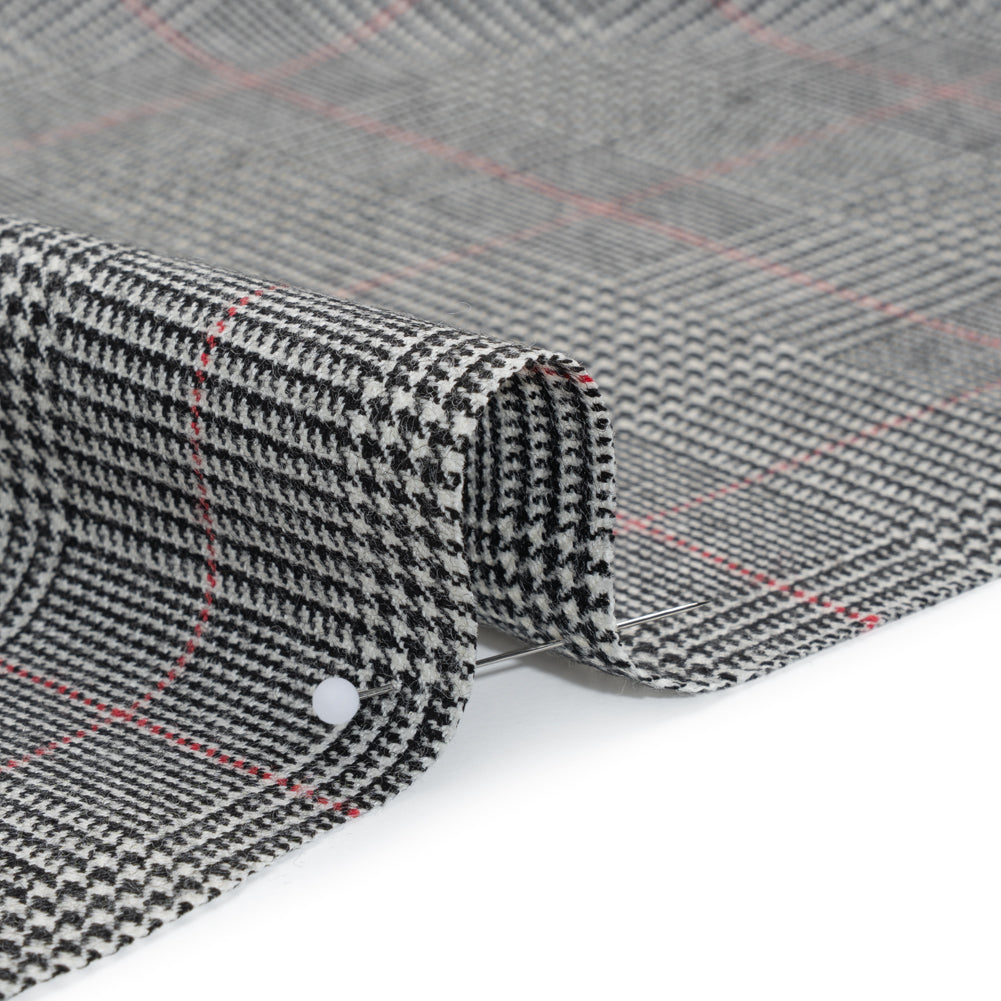 Brushed Virgin Merino Wool Twill - Black, White and Red Glen Plaid - Detail