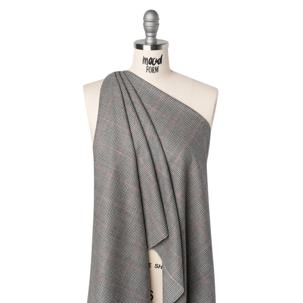 Brushed Virgin Merino Wool Twill - Black, White and Red Glen Plaid - Drape