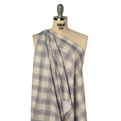 Brushed Recycled Polyester Jersey - Cream, Gray and Red Twill Plaid - Deadstock