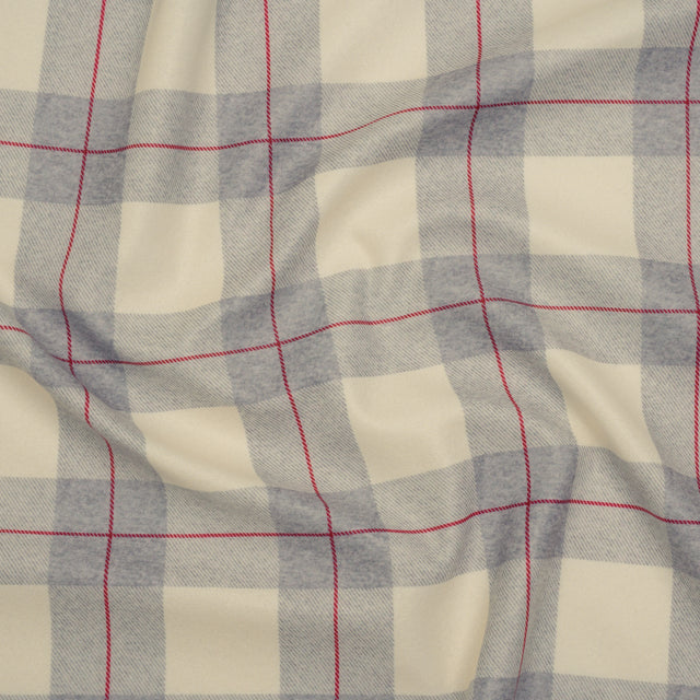 Brushed Recycled Polyester Jersey - Cream, Gray and Red Twill Plaid - Deadstock
