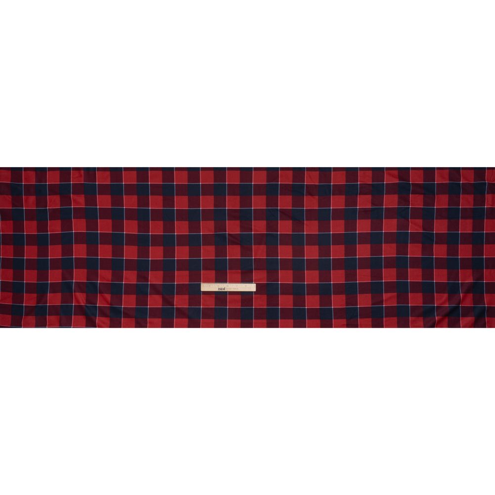 Brushed Recycled Polyester Jersey - Red and Navy Blue Twill Plaid - Deadstock