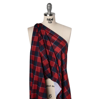 Brushed Recycled Polyester Jersey - Red and Navy Blue Twill Plaid - Deadstock