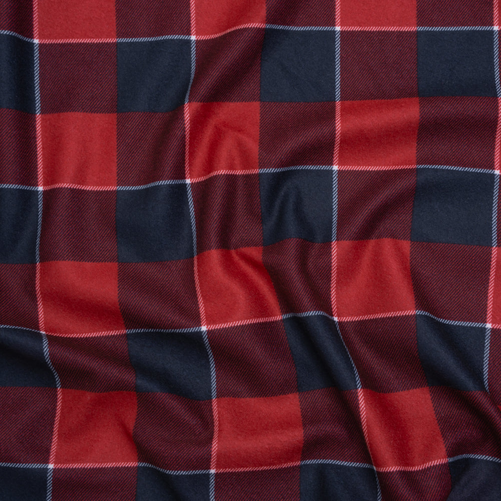 Brushed Recycled Polyester Jersey - Red and Navy Blue Twill Plaid - Deadstock