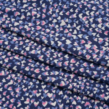 Stretch Polyester ITY Jersey - Blue, Periwinkle and Pink Explosion of Hearts - Deadstock