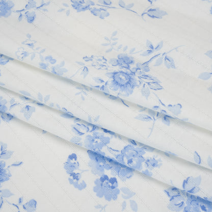 Cotton Pointelle Knit - White and Blue Floral on Stripes - Deadstock