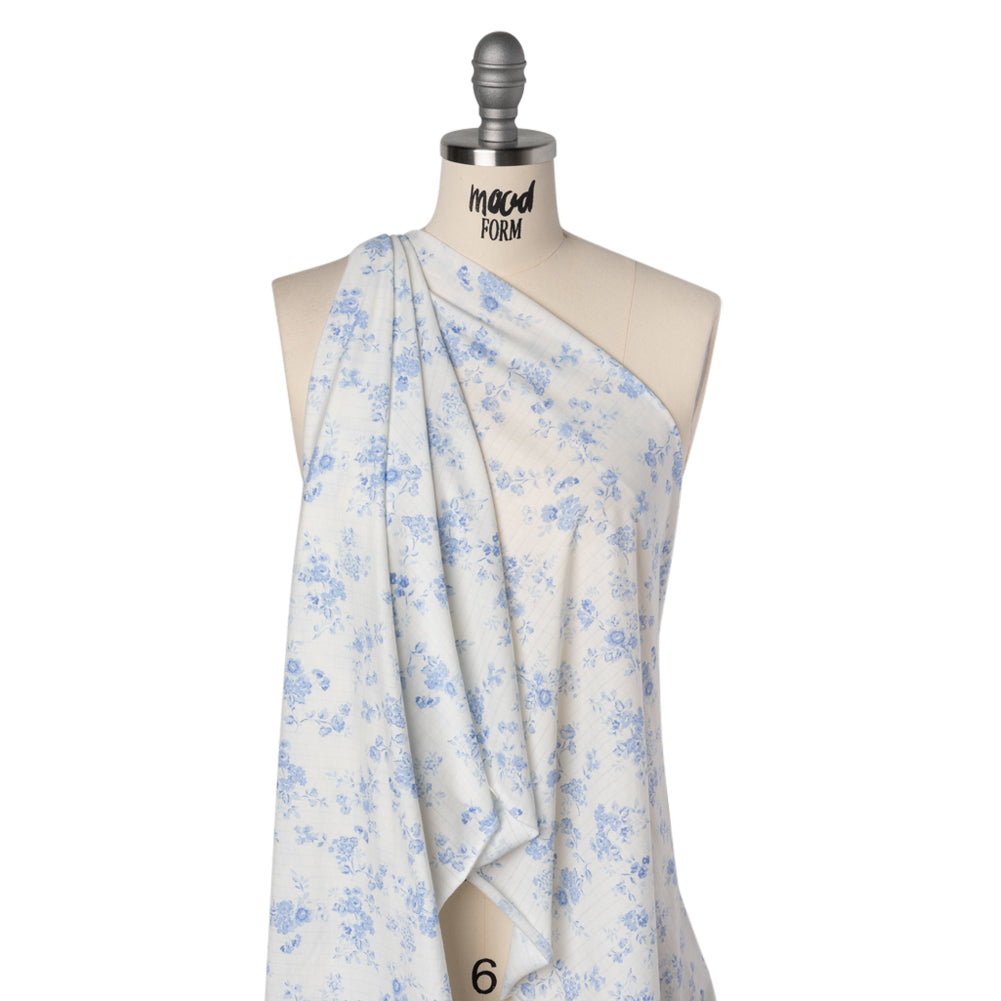 Cotton Pointelle Knit - White and Blue Floral on Stripes - Deadstock