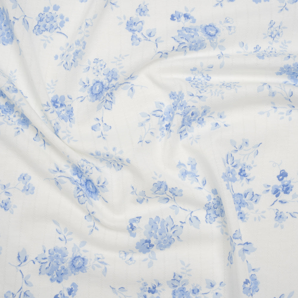 Cotton Pointelle Knit - White and Blue Floral on Stripes - Deadstock