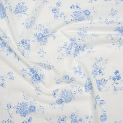 Cotton Pointelle Knit - White and Blue Floral on Stripes - Deadstock