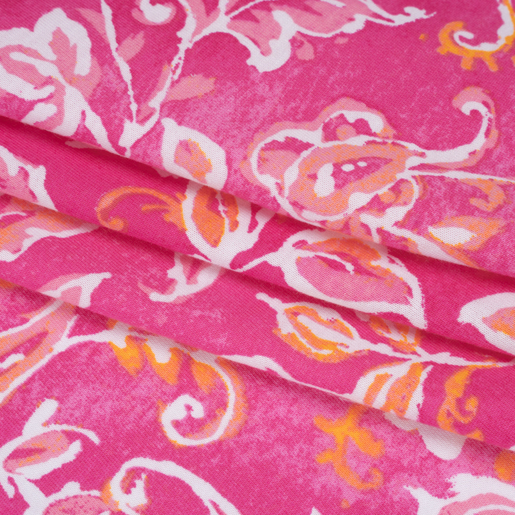 Cotton and Viscose Jersey - Hot Pink, Orange and White Floral with Paisleys - Deadstock