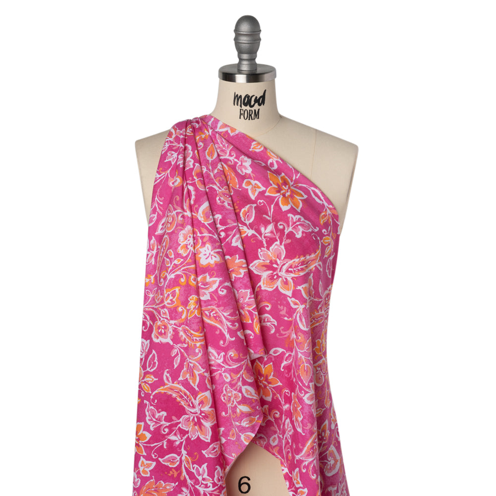 Cotton and Viscose Jersey - Hot Pink, Orange and White Floral with Paisleys - Deadstock