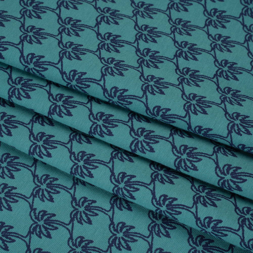 Stretch Cotton Jersey - Dusty Teal and Navy Blue Palm Trees - Deadstock