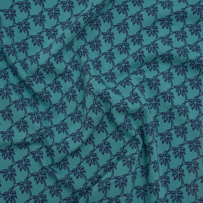 Stretch Cotton Jersey - Dusty Teal and Navy Blue Palm Trees - Deadstock