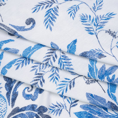 Stretch Rayon Jersey - Blue and White Tropical Palms - Deadstock