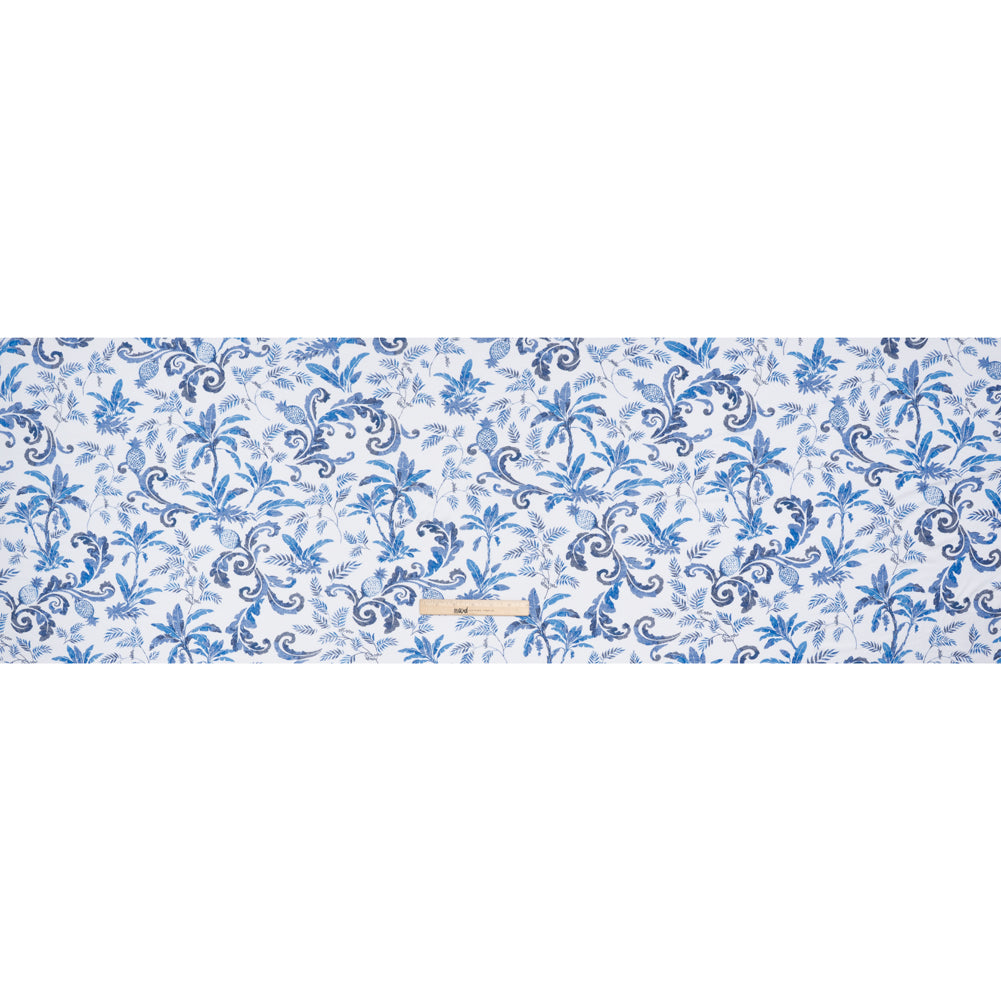 Stretch Rayon Jersey - Blue and White Tropical Palms - Deadstock