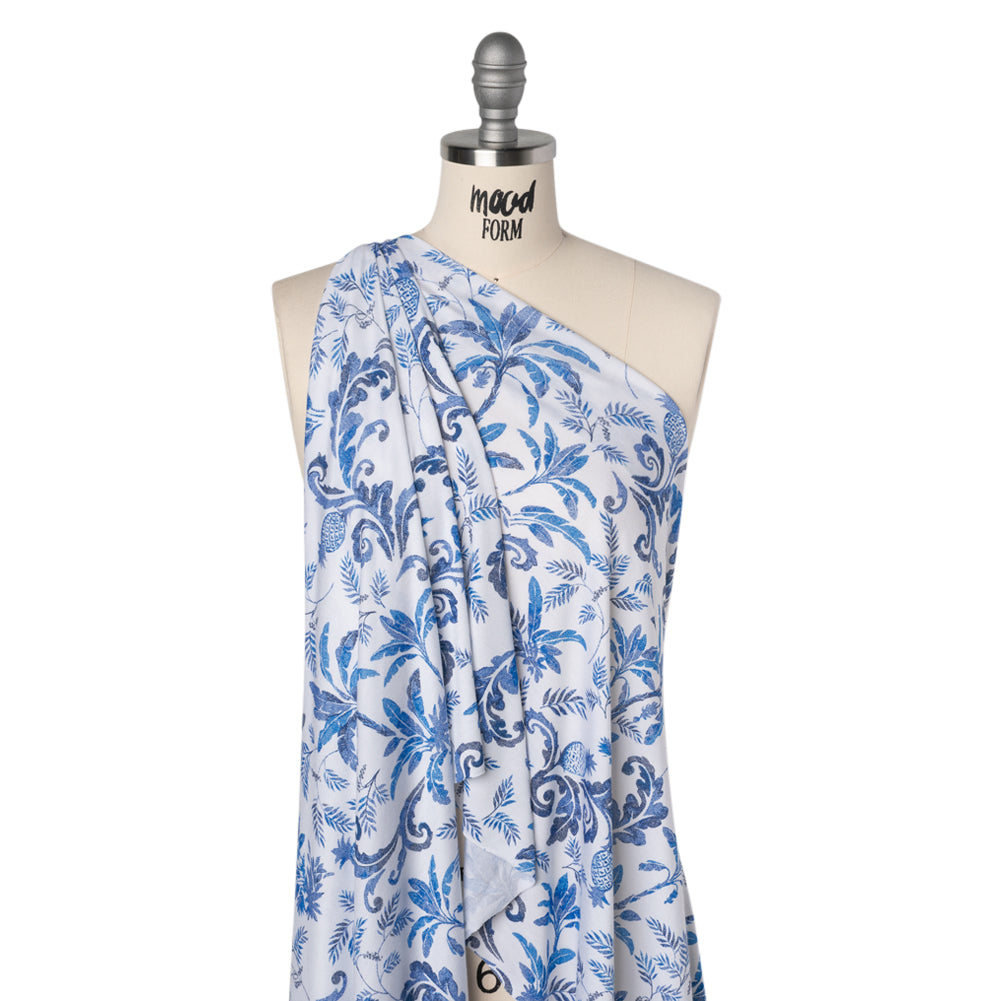 Stretch Rayon Jersey - Blue and White Tropical Palms - Deadstock