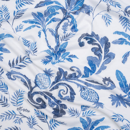 Stretch Rayon Jersey - Blue and White Tropical Palms - Deadstock