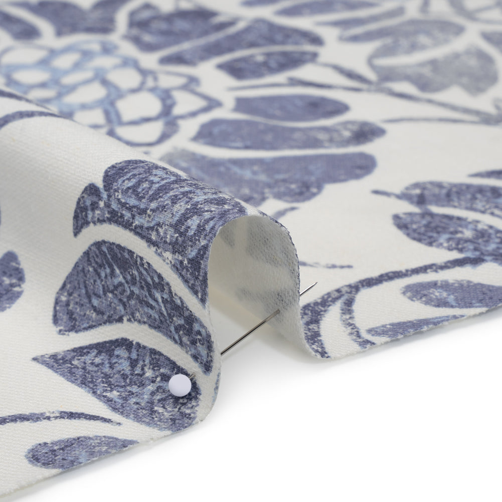 Stretch Linen, Cotton and Viscose Blend Twill Print - Muted Blue and White Floral - Deadstock