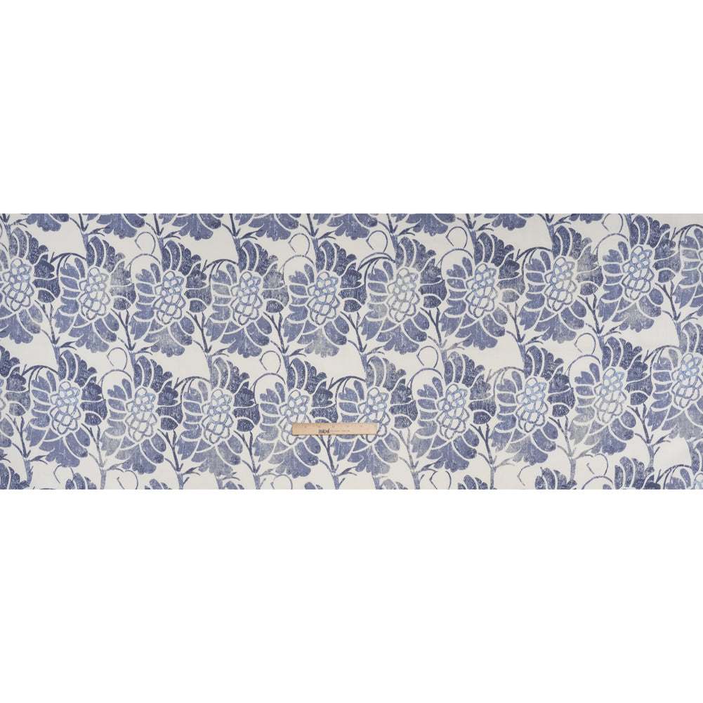 Stretch Linen, Cotton and Viscose Blend Twill Print - Muted Blue and White Floral - Deadstock