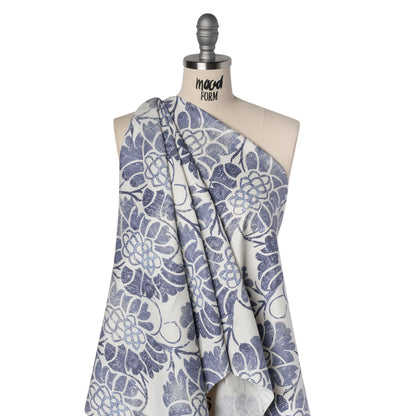 Stretch Linen, Cotton and Viscose Blend Twill Print - Muted Blue and White Floral - Deadstock