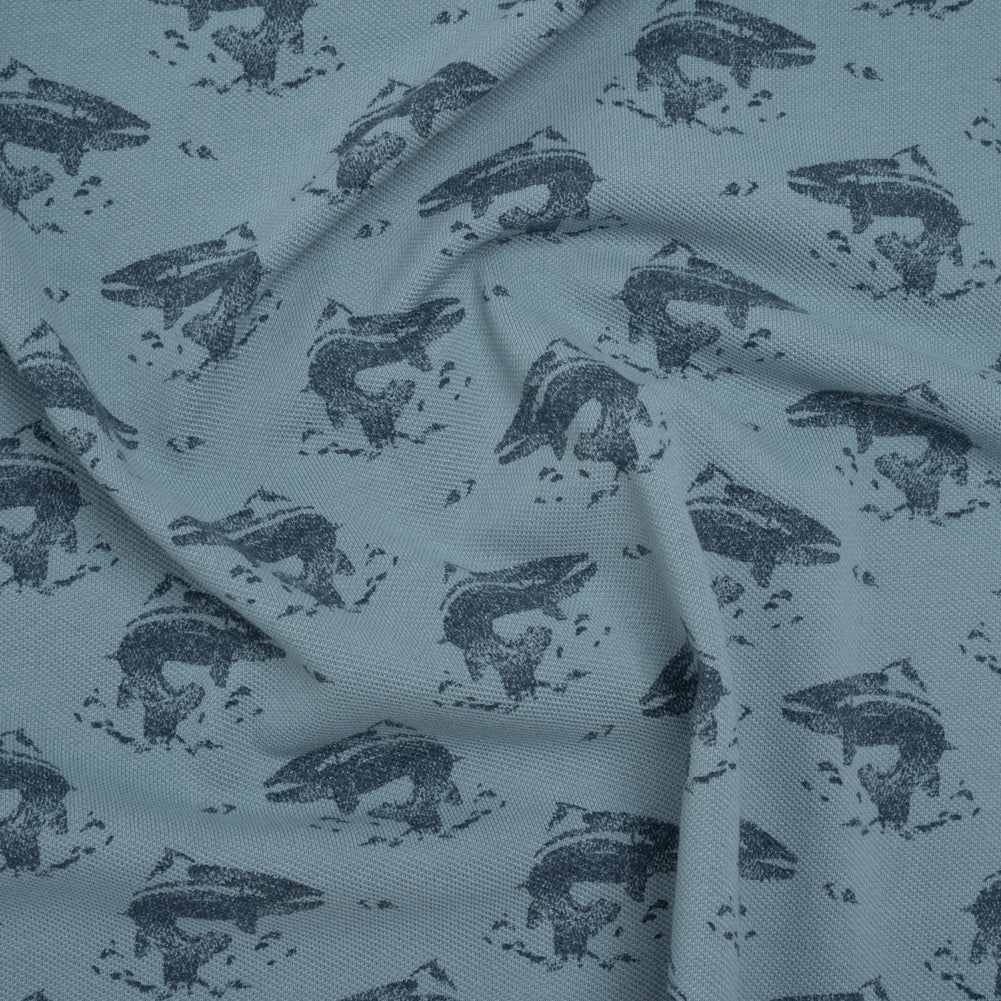 Cotton Pique Knit Print - Navy and Dusty Blue Whales - Deadstock