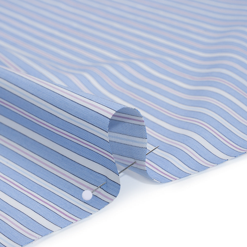 Cotton Twill Shirting - Air Blue, Lavender and White Stripes - Deadstock