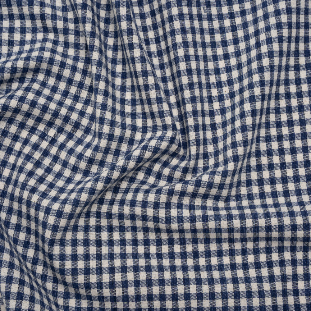 Cotton Homespun Rustic Shirting - Marine Blue and Cream Gingham Check - Deadstock