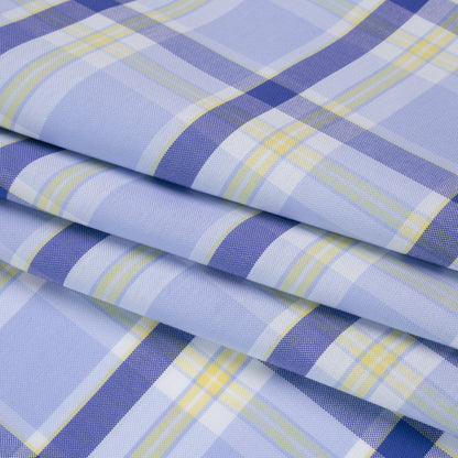 Cotton Oxford Shirting - Sky Blue, Cobalt and Yellow Plaid - Deadstock