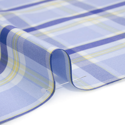 Cotton Oxford Shirting - Sky Blue, Cobalt and Yellow Plaid - Deadstock