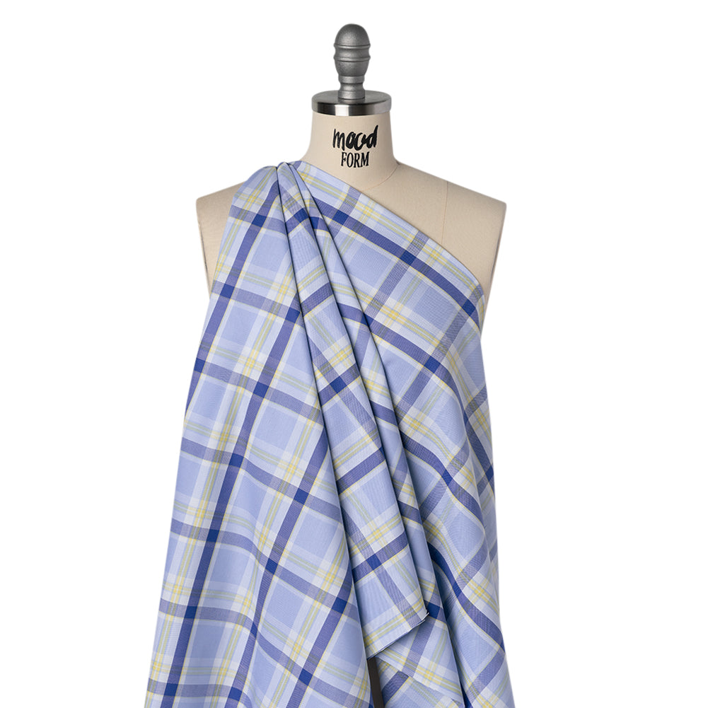 Cotton Oxford Shirting - Sky Blue, Cobalt and Yellow Plaid - Deadstock