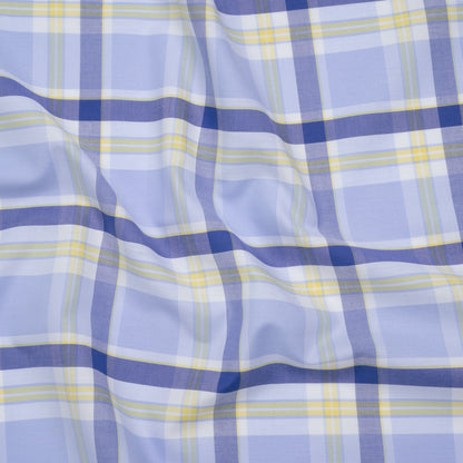 Cotton Oxford Shirting - Sky Blue, Cobalt and Yellow Plaid - Deadstock
