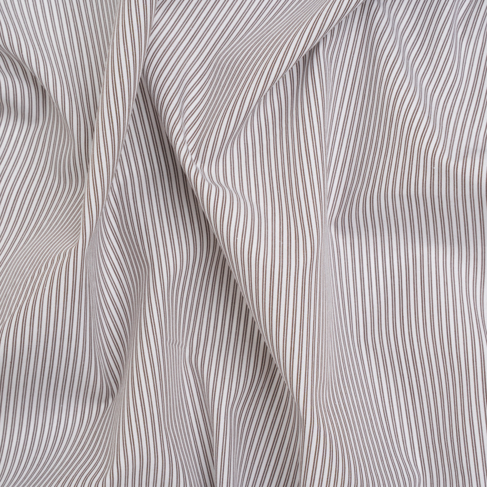 Cotton Shirting - White and Olive Brown Paired Stripes - Deadstock