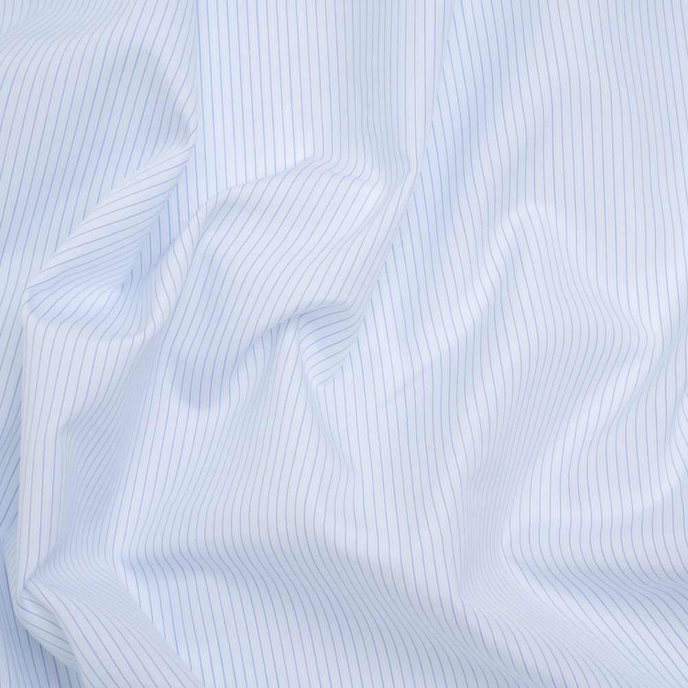 Cotton Shirting - White and Pale Blue Pinstripes - Designer Deadstock