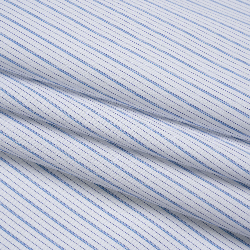 Cotton Twill Shirting - Sky Blue, Navy and White Stripes - Deadstock