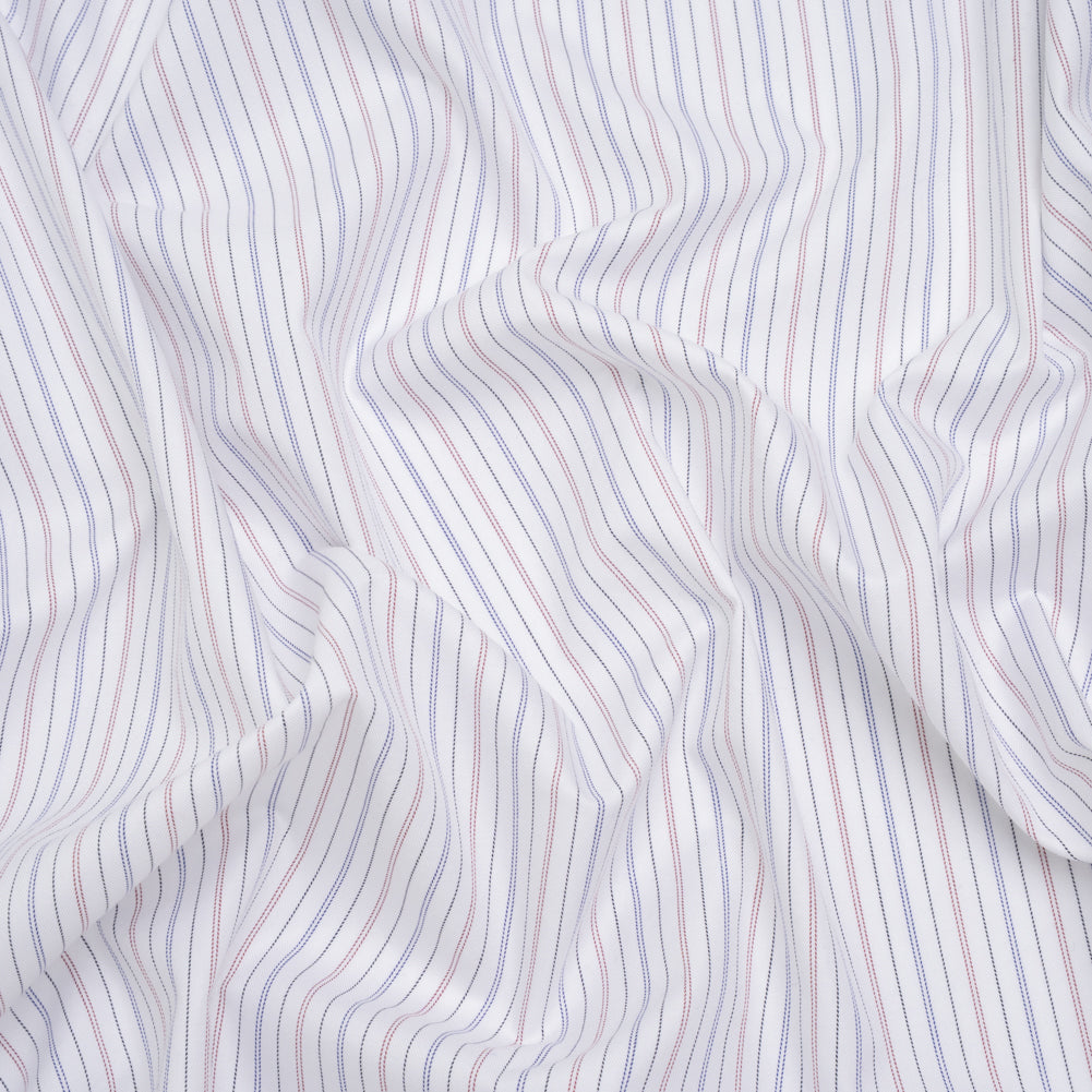 Cotton Herringbone Twill Shirting - White, Blue and Red Pinstripes - Deadstock