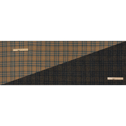 Wool Blend Double Faced Coating Made in Italy - Tan, Dark Teal and Charcoal Plaid - Deadstock