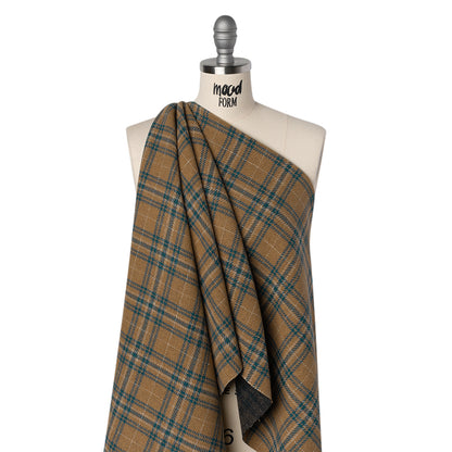 Wool Blend Double Faced Coating Made in Italy - Tan, Dark Teal and Charcoal Plaid - Deadstock