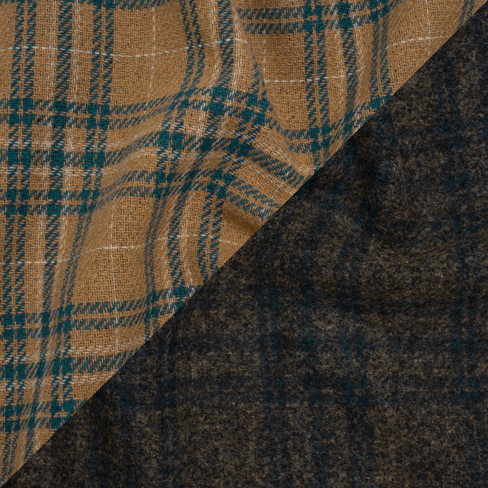 Wool Blend Double Faced Coating Made in Italy - Tan, Dark Teal and Charcoal Plaid - Deadstock