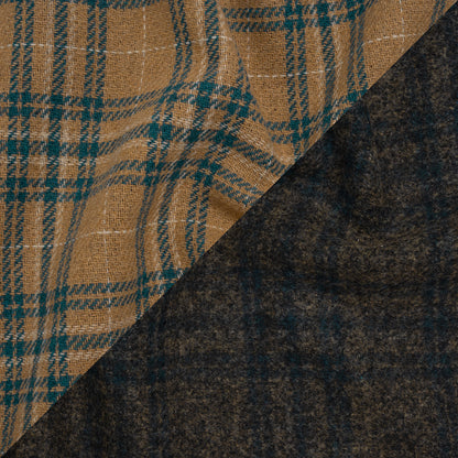 Wool Blend Double Faced Coating Made in Italy - Tan, Dark Teal and Charcoal Plaid - Deadstock