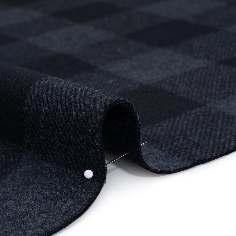 Wool Blend Double Faced Twill Coating Made in Italy - Navy and Dark Blue Buffalo Check - Deadstock