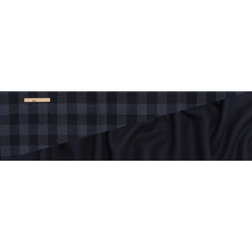 Wool Blend Double Faced Twill Coating Made in Italy - Navy and Dark Blue Buffalo Check - Deadstock