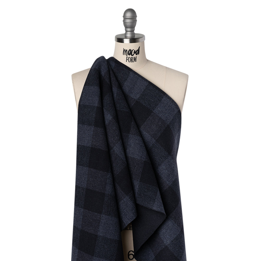 Wool Blend Double Faced Twill Coating Made in Italy - Navy and Dark Blue Buffalo Check - Deadstock